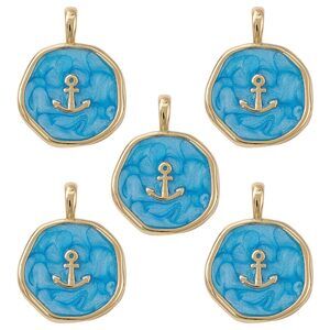 6274 10 Pcs Brass Enamel Flat Round Charms with Anchor Charms Deep Sky Blue